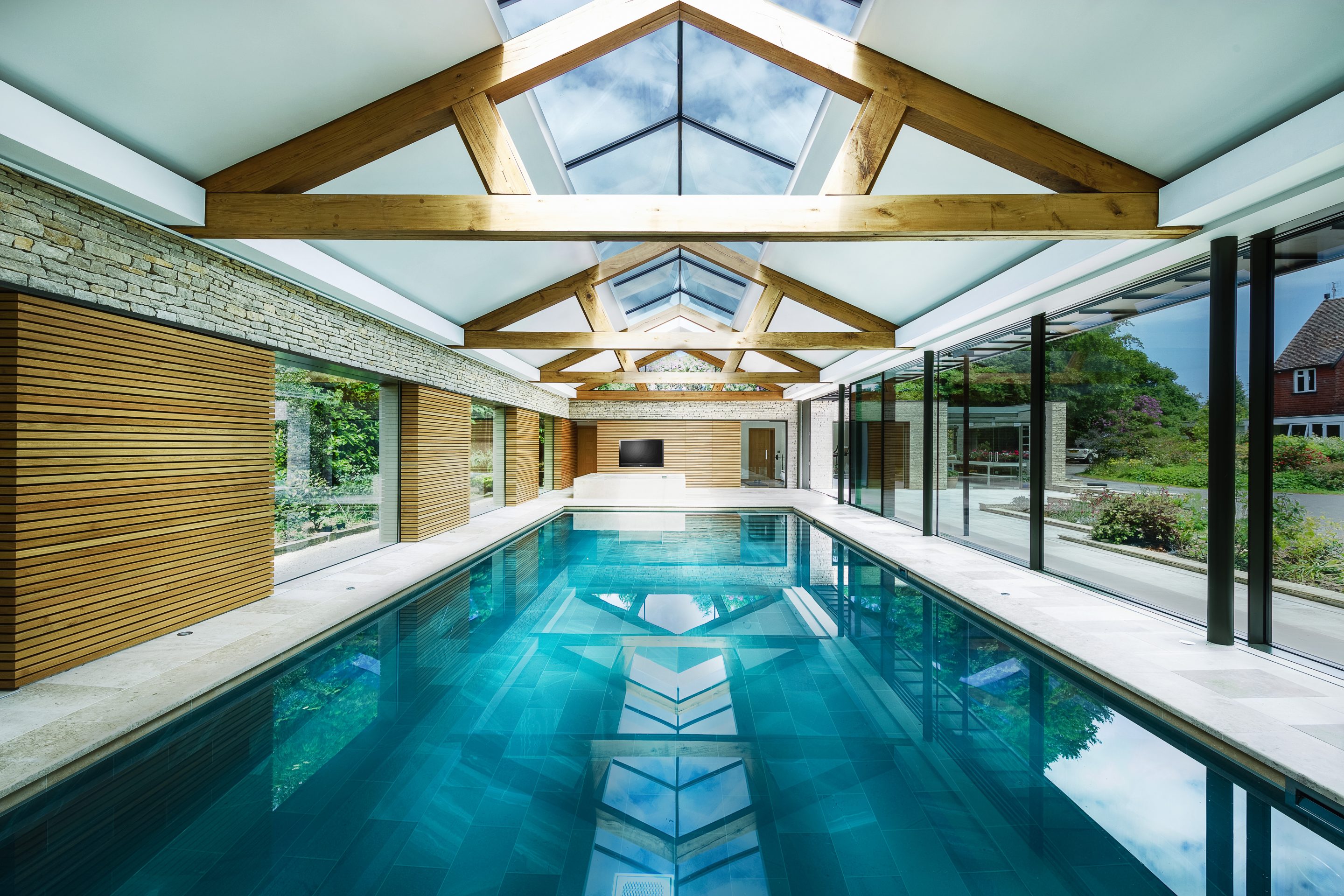 indoor swimming pool with high beams